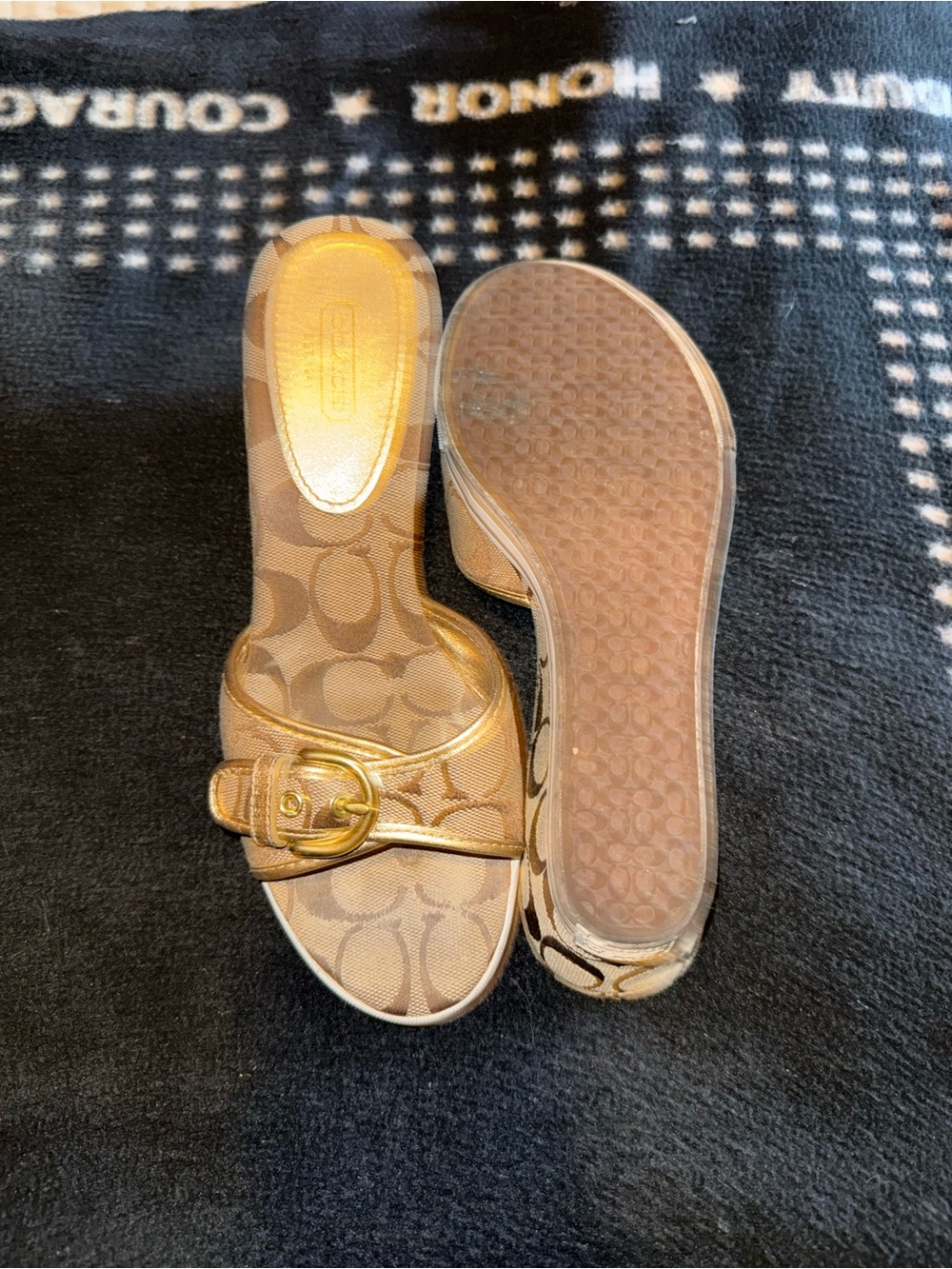 Coach Signature Jacquard Slide Sandals in Brown with Gold Buckles - Picture 3 of 4